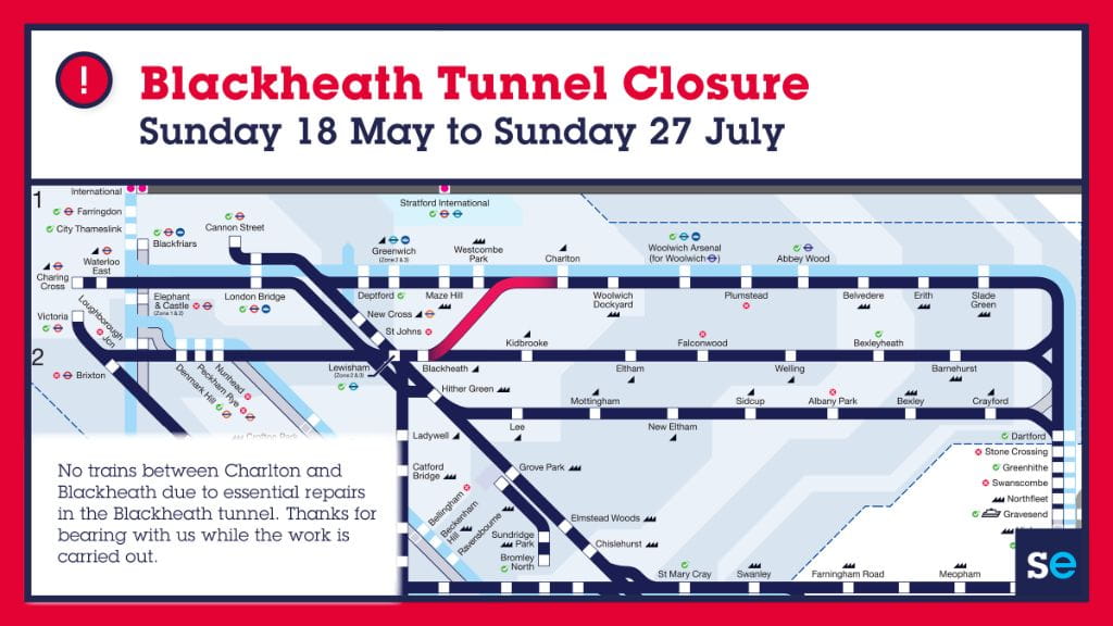 Network Map of Charlton to Blackheath line closure