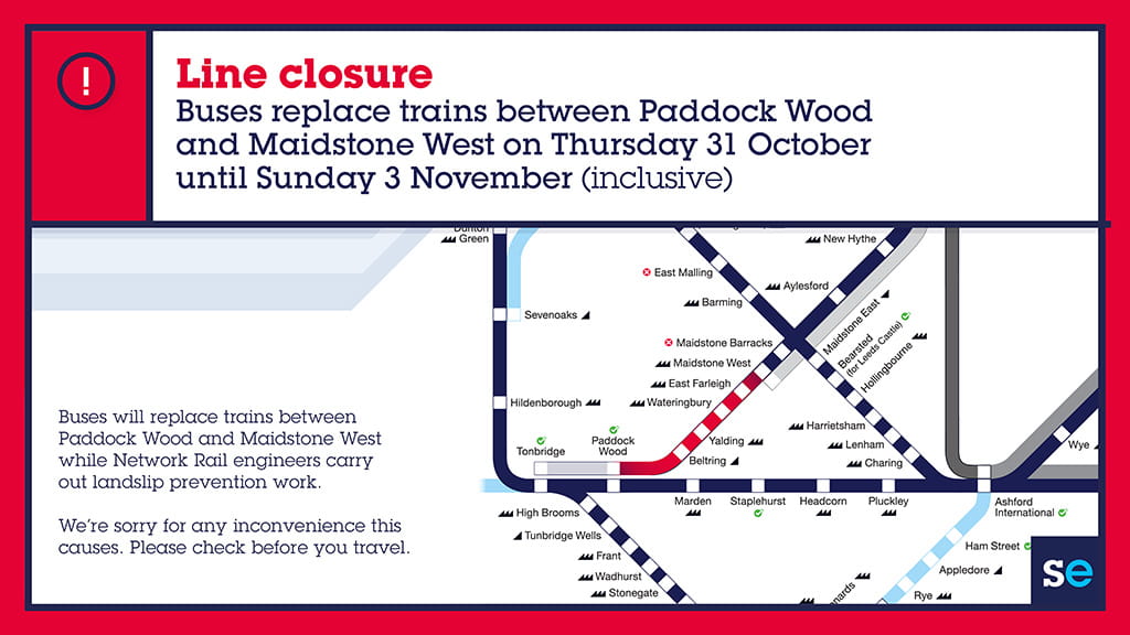 Network map of Paddock Wood to Maidstone West line closure