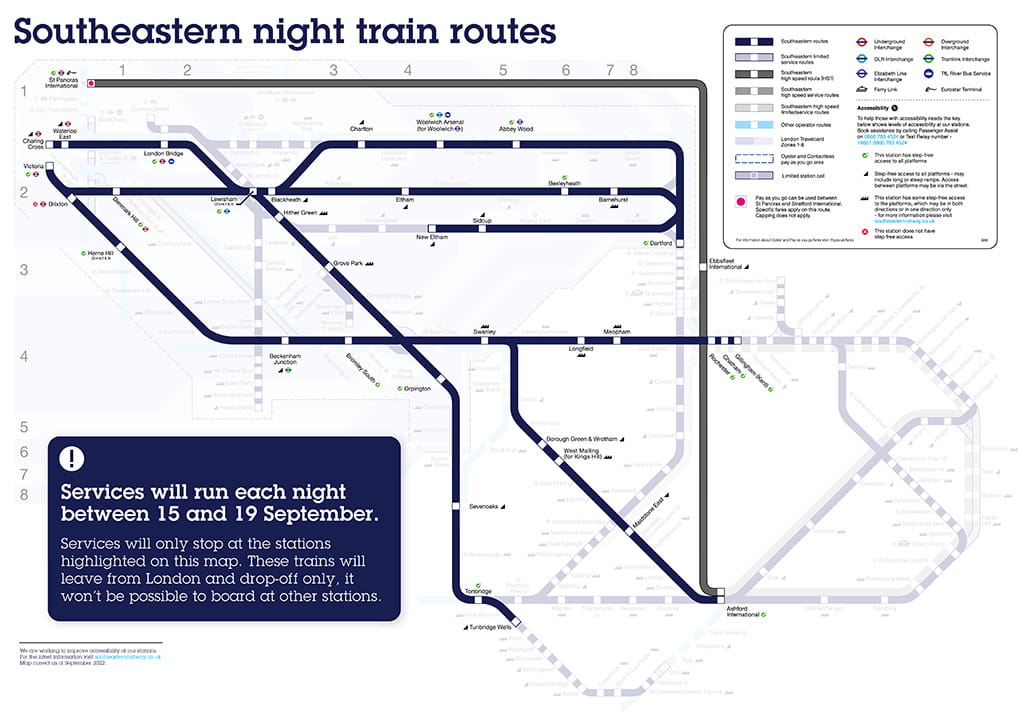 Southeastern Night Trains network map