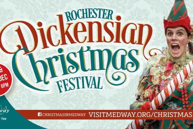 poster for the Rochester Dickensian Christmas festival with a person dressed as an elf