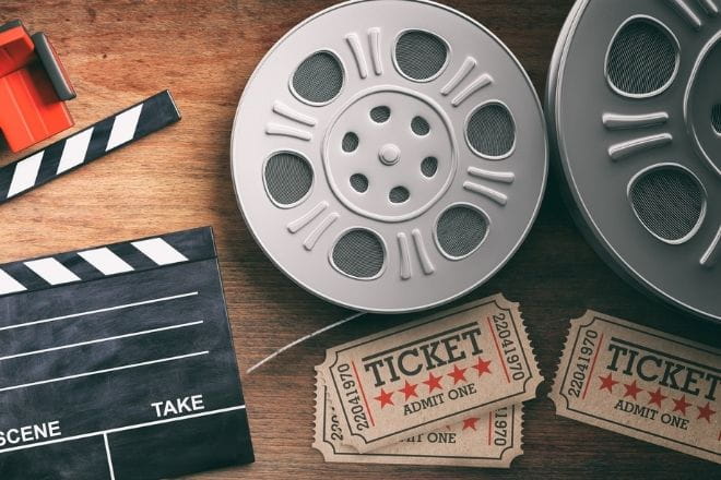 Illustration of cinema reel and cinema tickets